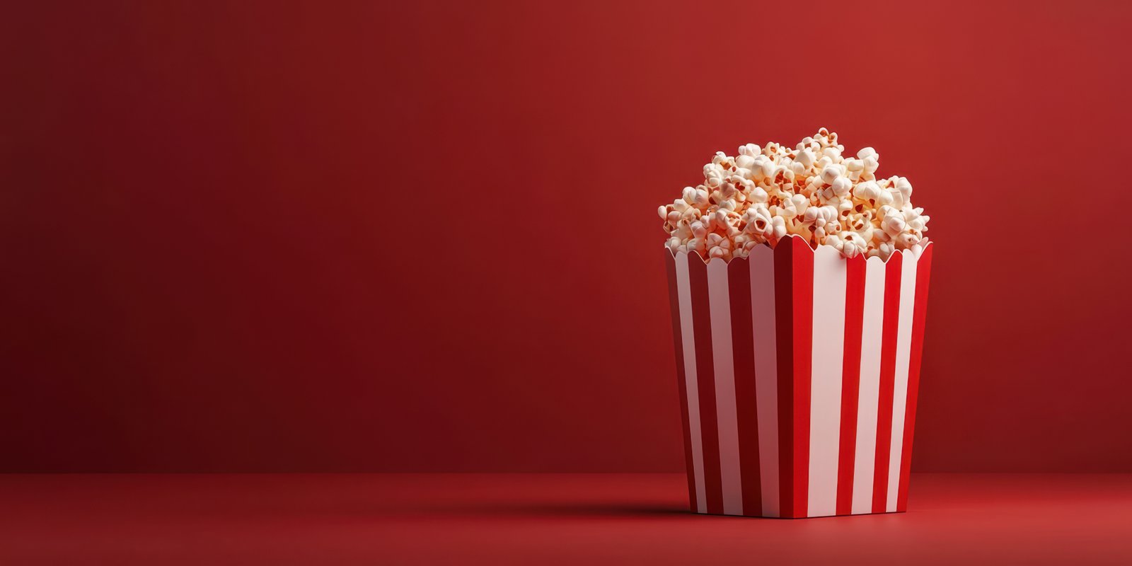 Popcorn served in a classic striped box against a vibrant red background for a fun movie night experience